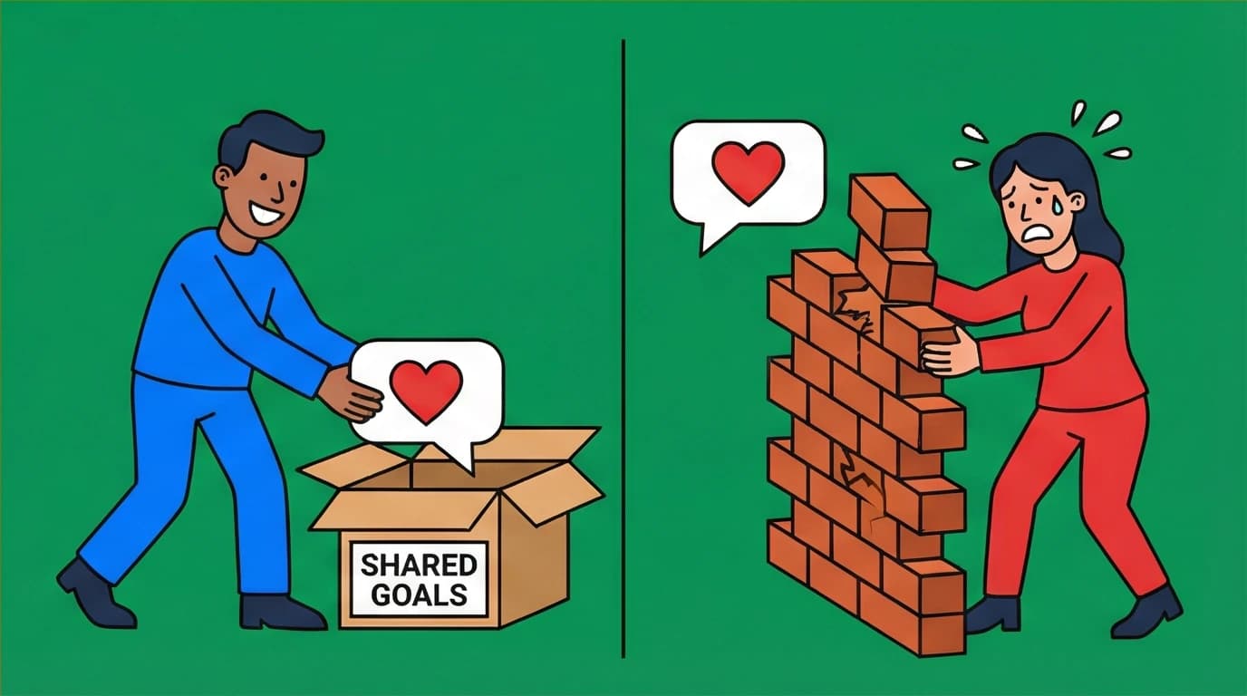 A communication test for attachment styles: a secure partner welcomes feedback while an avoidant partner builds a defensive wall against emotional requests.
