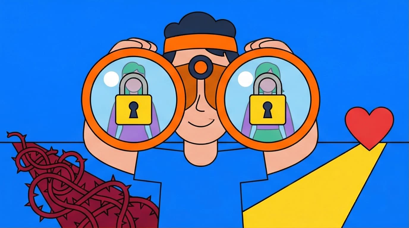 An illustration showing how to spot an emotionally unavailable avoidant partner using binoculars to see their locked heart and avoid dating dead-ends.