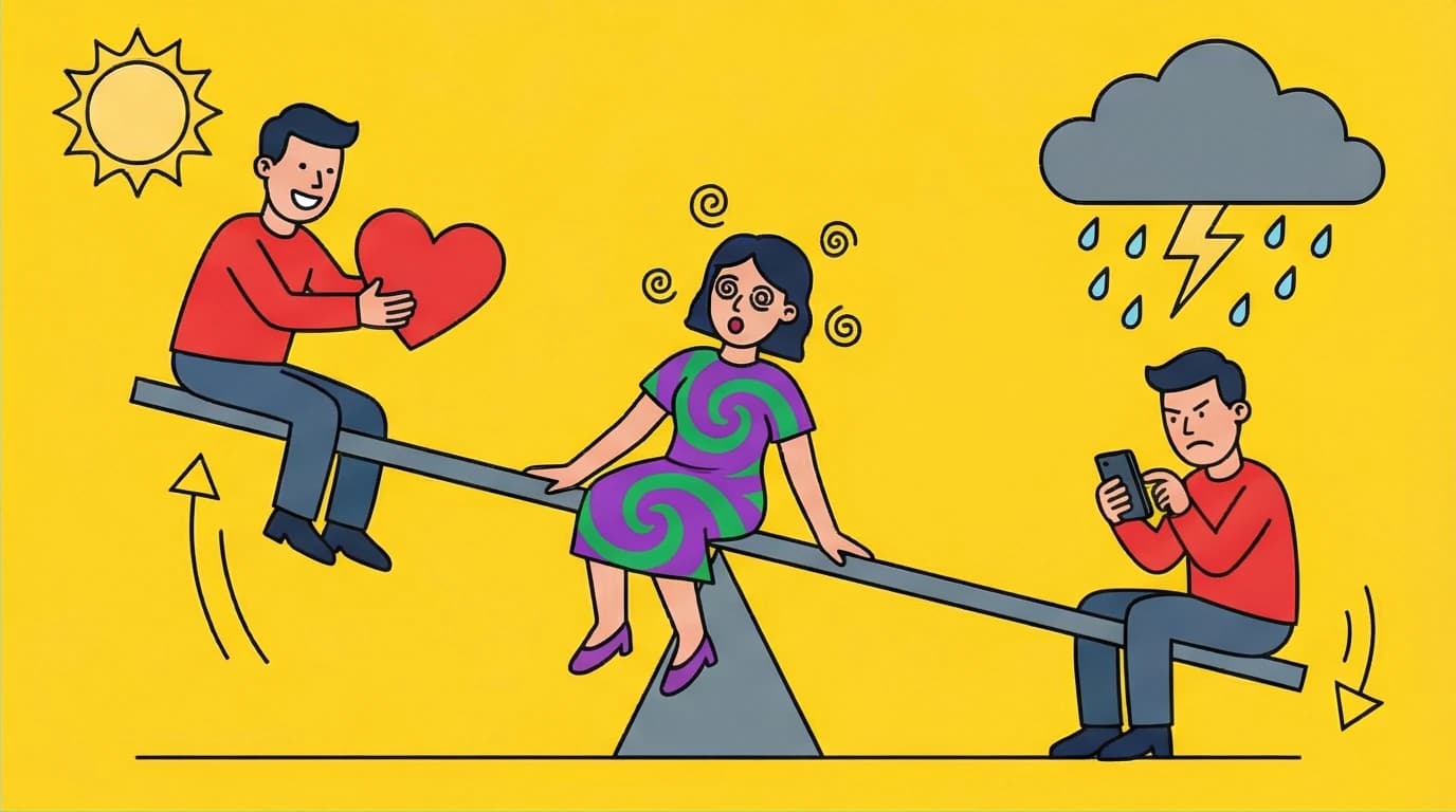 A visual metaphor for the hot and cold cycle of dating an avoidant partner, showing a person on an emotional seesaw of intimacy and distance.