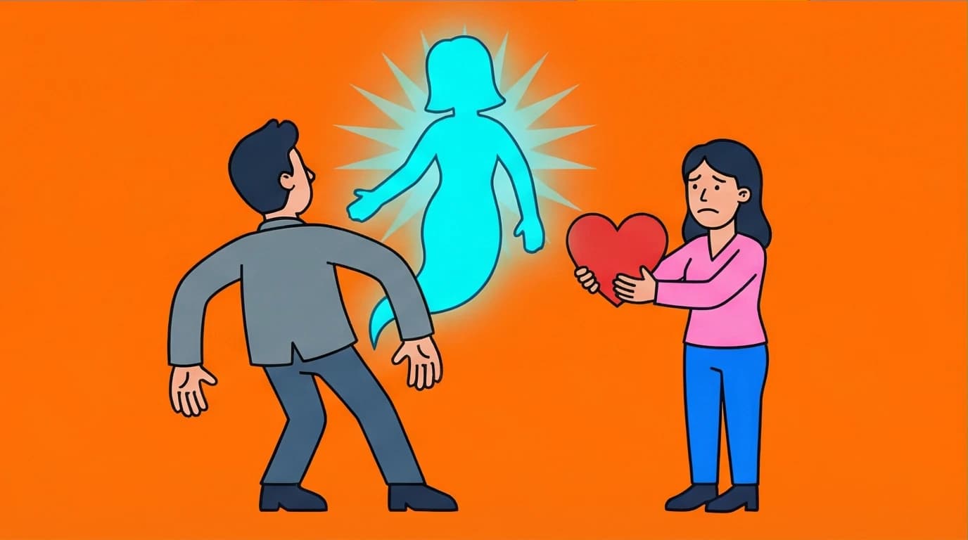 An avoidant partner obsessed with a phantom ex, ignoring a new person while gazing at a ghostly silhouette, a key dating red flag from the book Attached.