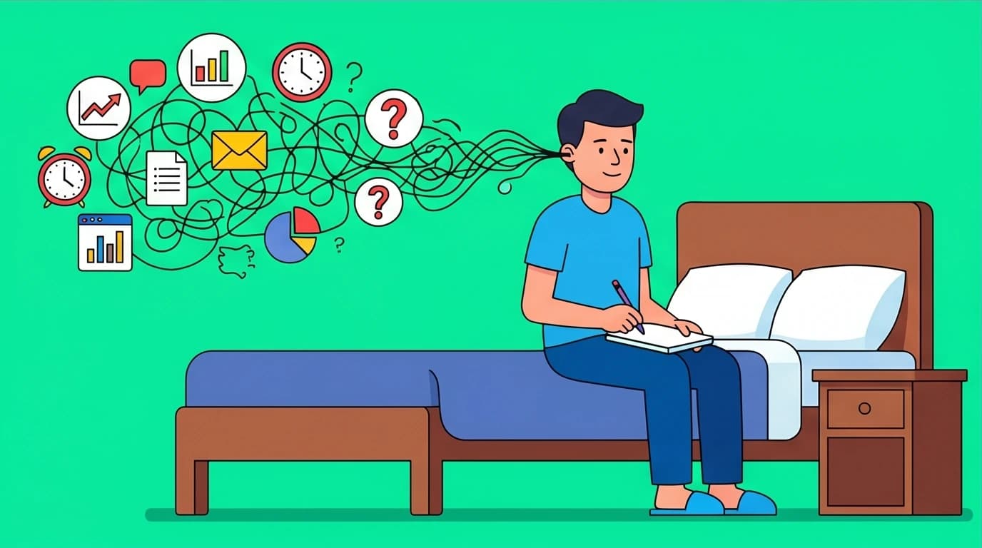 A person using the 'Brain Dump' technique to write down worries, a proven relaxation method for anxiety insomnia.