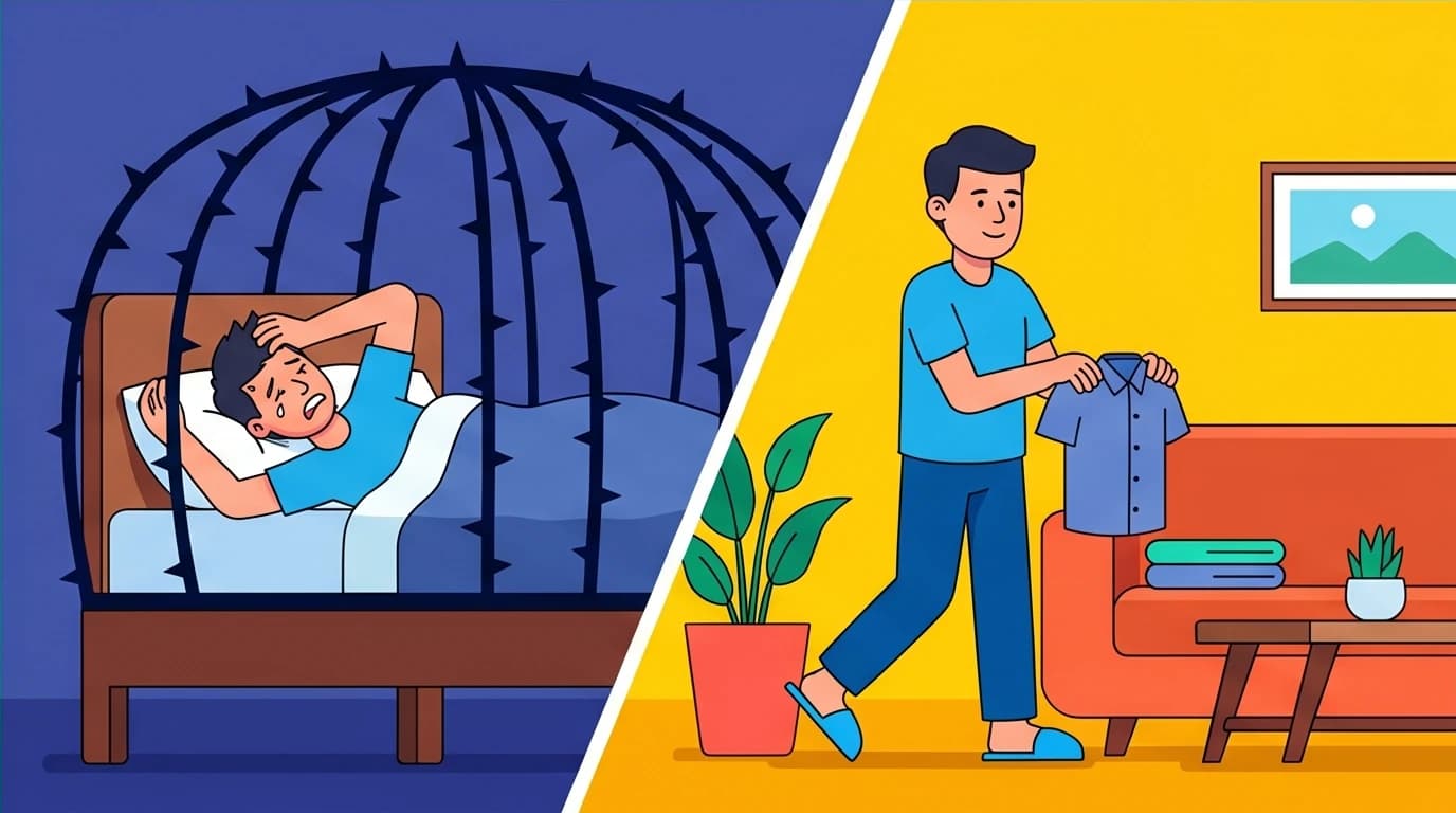 Illustration showing why you should get out of bed if you can't sleep, breaking the link between the bed and anxiety insomnia.