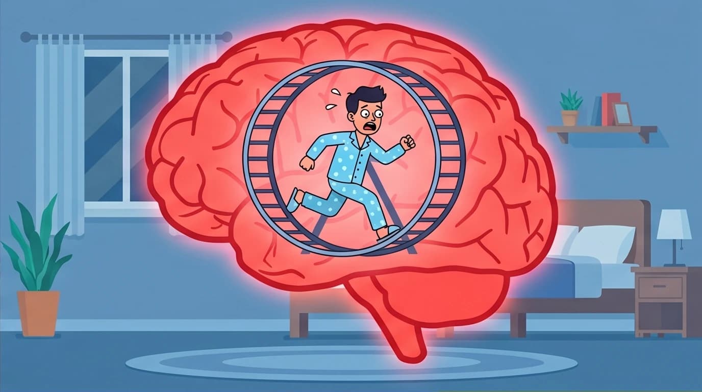 An illustration showing the 'fight or flight' response causing anxiety insomnia, with a tiny figure running inside a giant brain.