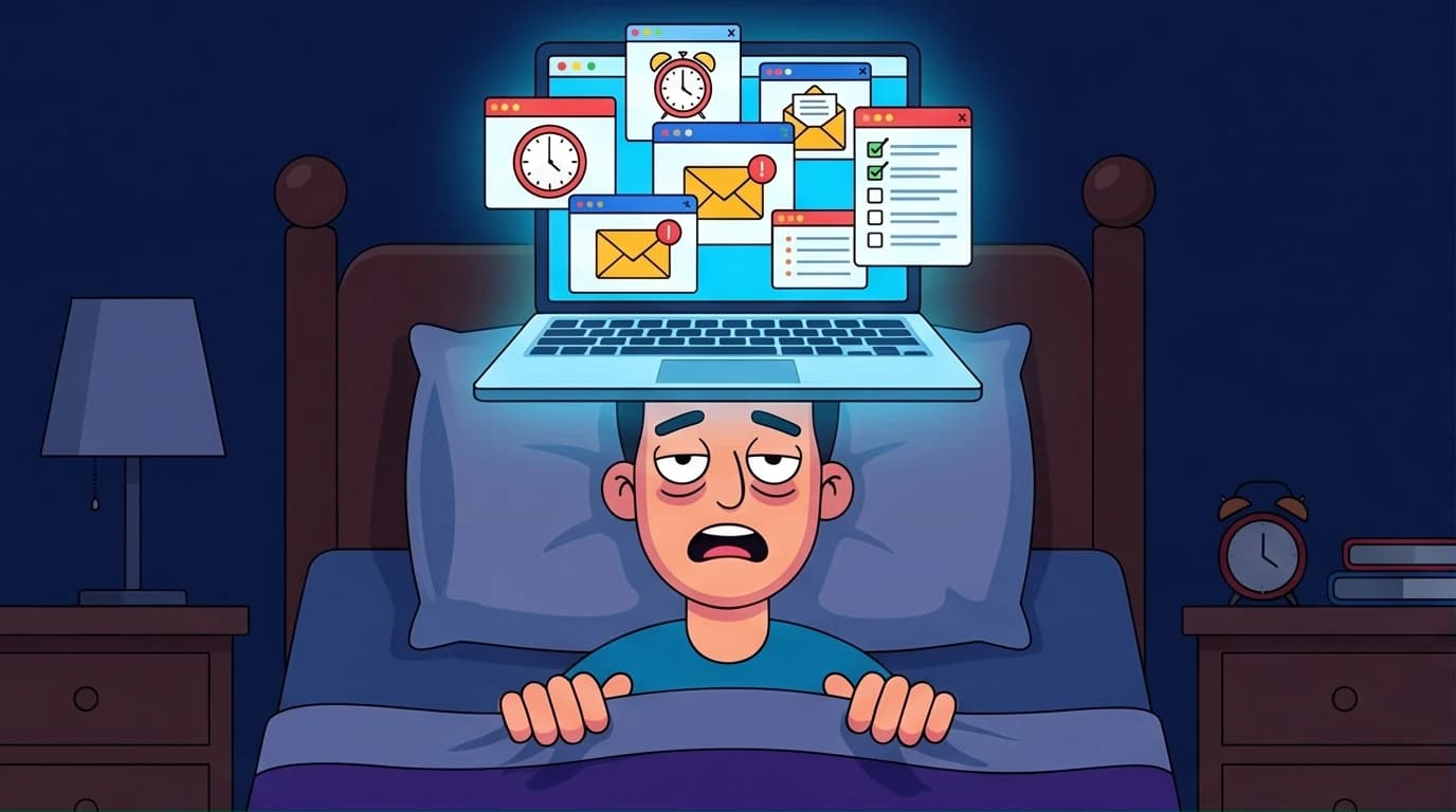 Illustration of a person's brain as an open laptop in bed, symbolizing the 'unstoppable brain' of anxiety insomnia.