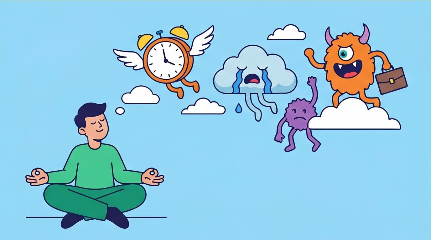 A person practicing emotional awareness by observing anxious thoughts float by, a key technique to stop overthinking and find peace.