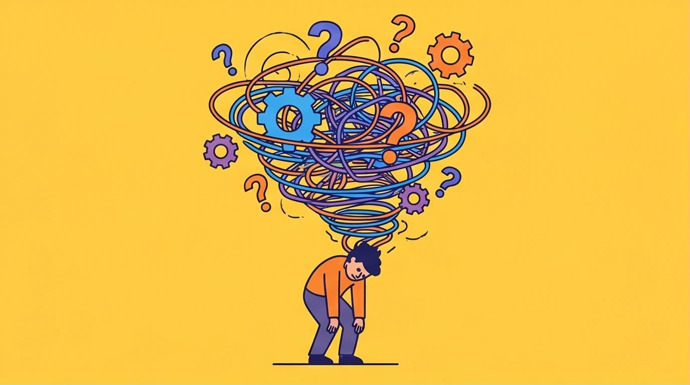 An illustration of a person overwhelmed by a chaotic storm of thoughts, symbolizing the cycle of anxiety and overthinking.