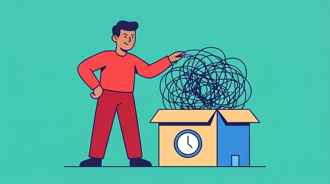 A person using the 'worry time' technique from CBT, putting anxious thoughts in a box to manage and stop overthinking.