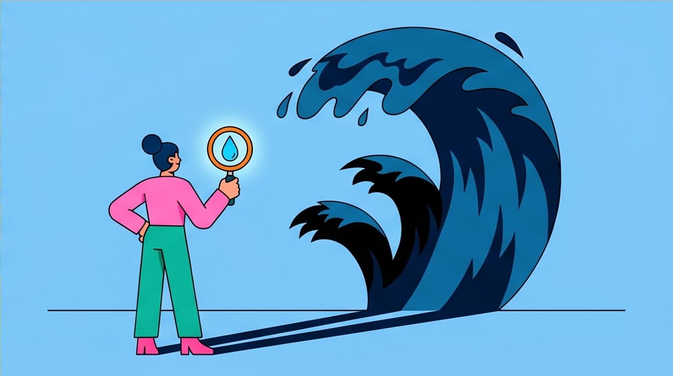 An illustration showing the difference between a small factual event and the large anxious thought it creates, a key to stop overthinking.