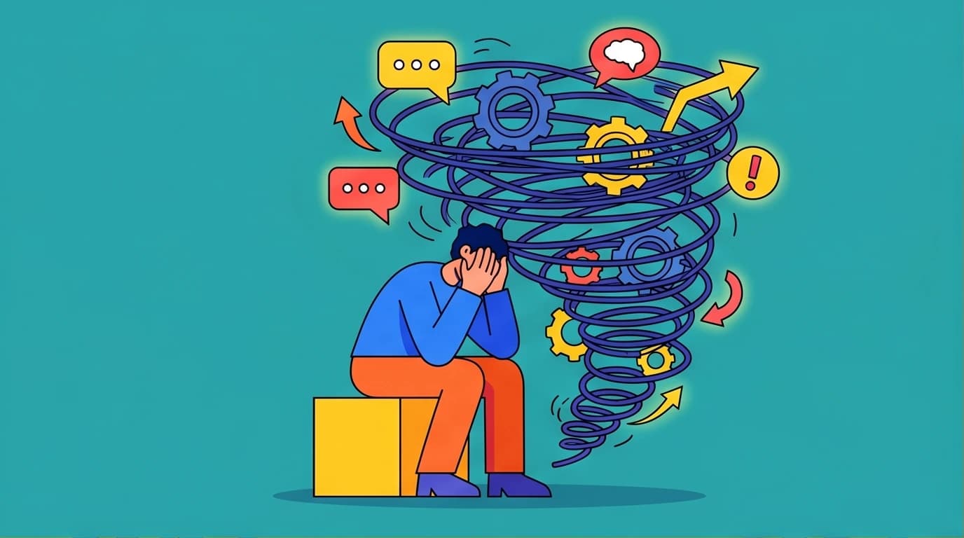 An illustration of a person overwhelmed by a chaotic storm of thoughts, symbolizing the need to stop overthinking and anxiety.