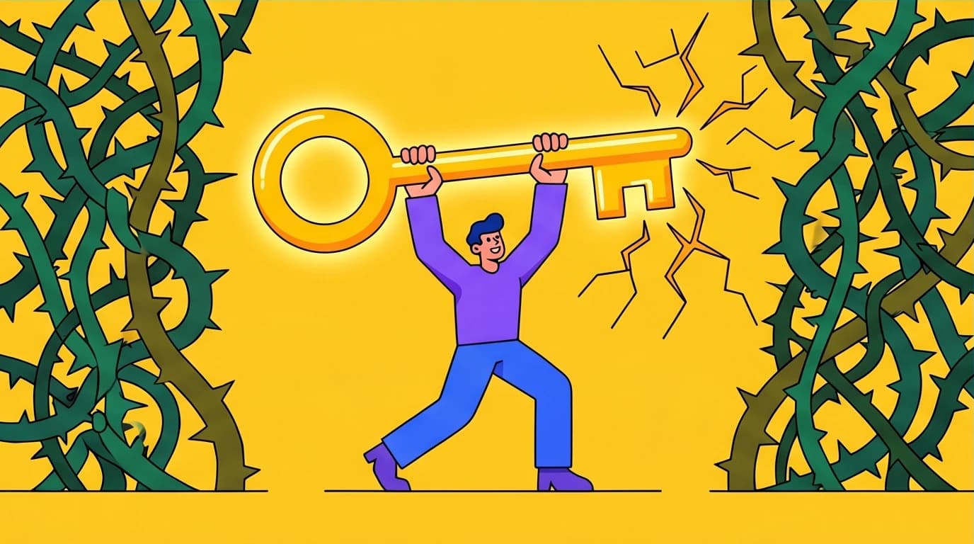 A character using a key to shatter a wall of negative thoughts, a metaphor for using 'I may be wrong' to overcome anxiety.