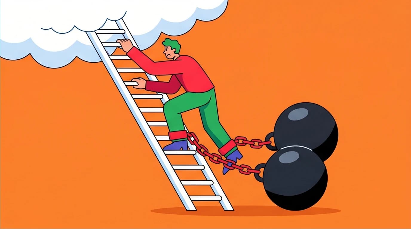 A character weighed down by anxiety while trying to climb a ladder of perfectionism, illustrating the struggle of overthinking.