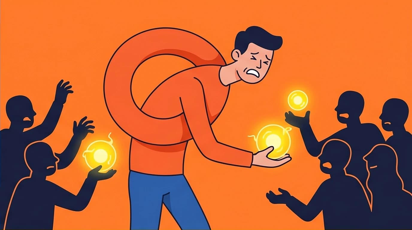 An illustration of a drained people-pleaser bending over backward to satisfy others, highlighting the fear and anxiety in difficult relationships.