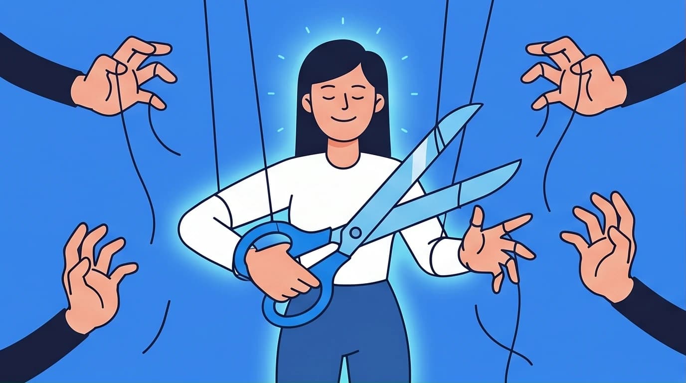 A guide for people-pleasers on how to stop emotional blackmail and say no. An illustration shows a person cutting puppet strings to regain control.