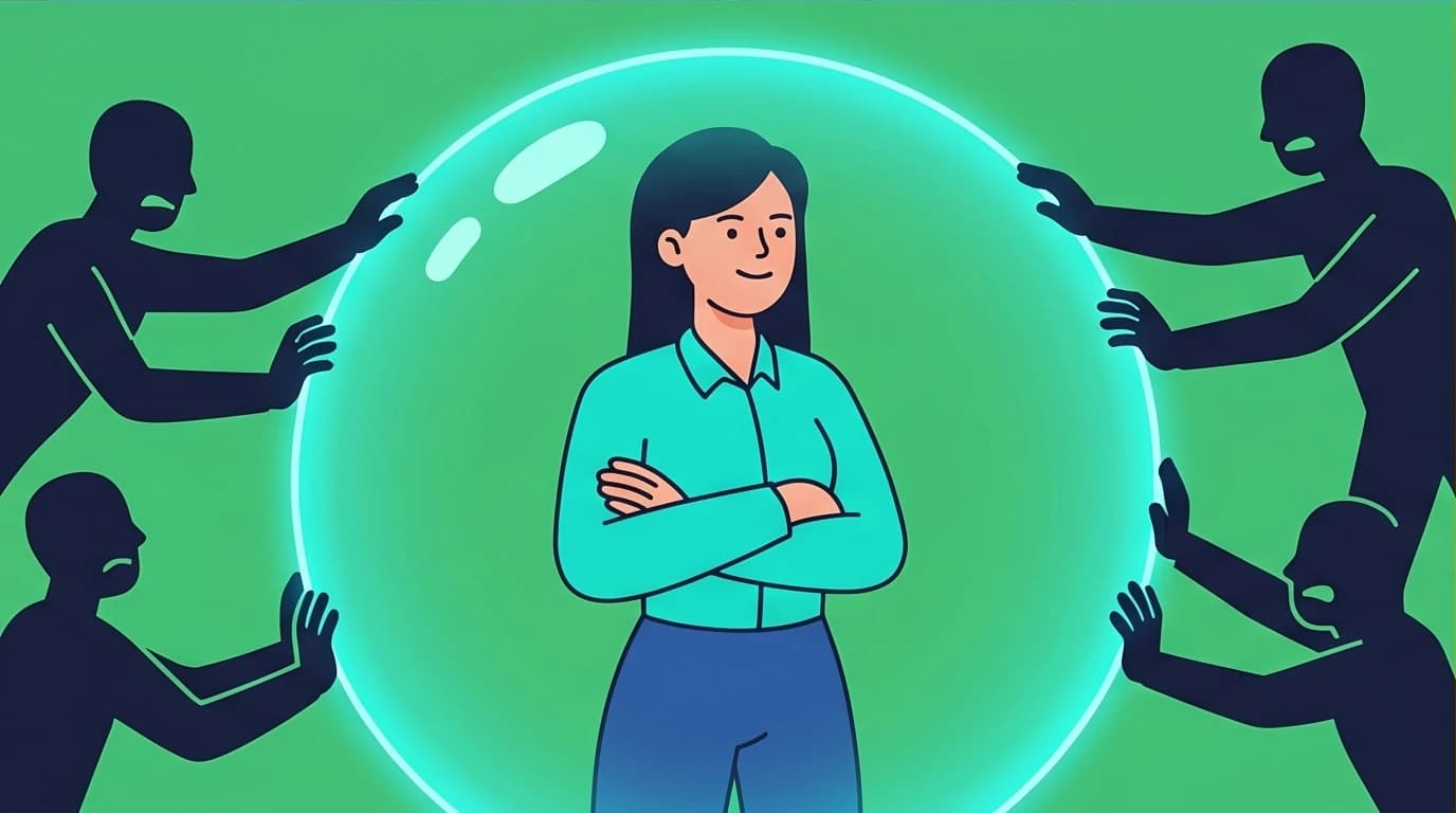 A character with high emotional intelligence setting healthy boundaries. An illustration showing a person protected by a shield from demanding people.