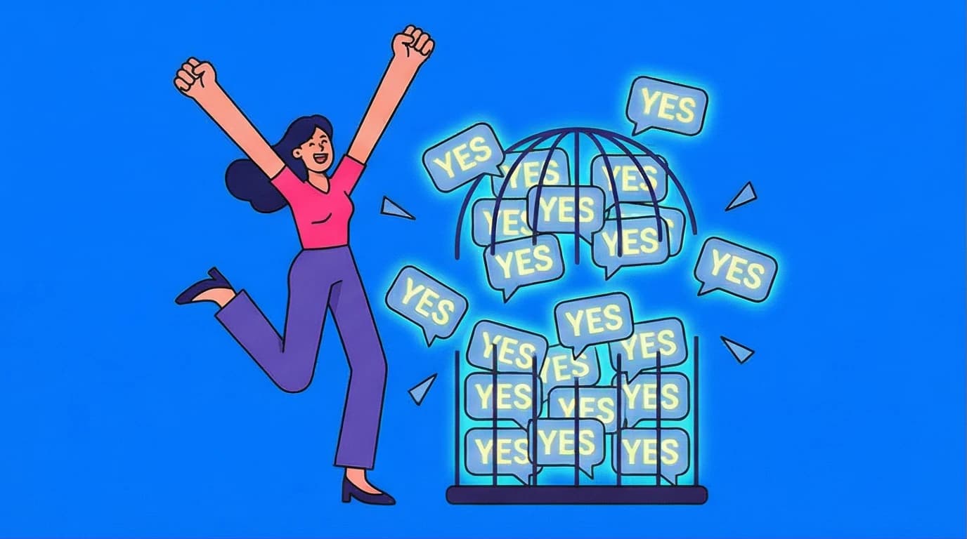 A woman in Corporate Memphis style joyfully breaking free from a cage of expectations, illustrating how to stop people pleasing based on Untamed lessons.