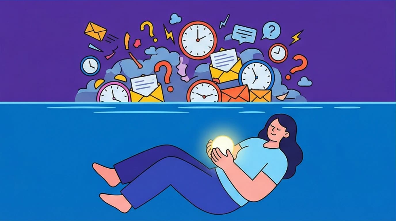 A person finding their inner knowing by sinking below a chaotic surface into calm water, a key concept for how to stop people pleasing from Untamed.