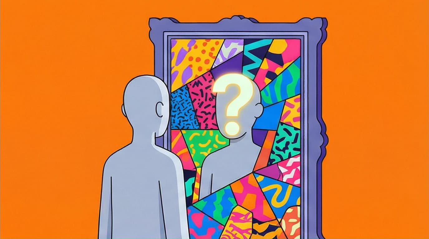An illustration showing a person with a fragmented chameleon-like reflection, symbolizing the loss of identity from people pleasing and abandoning yourself.