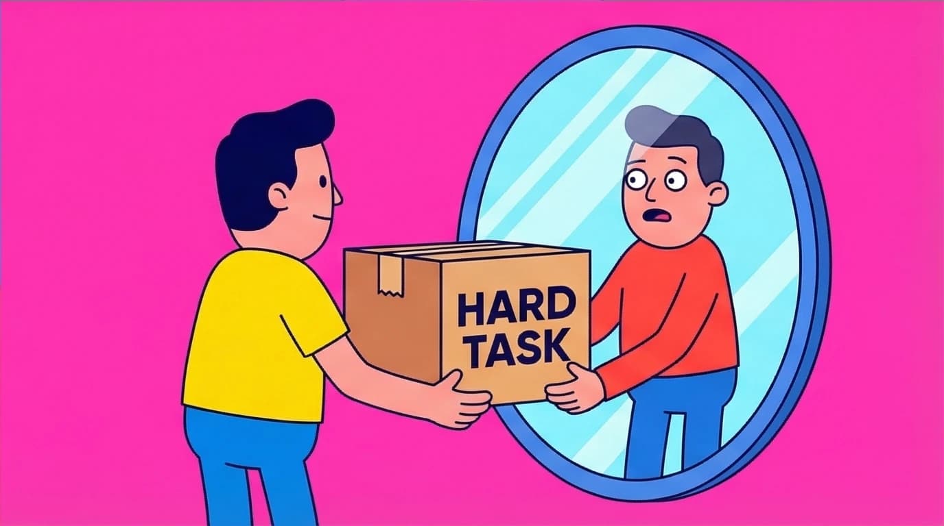 An illustration of the 'future self' disconnect, where a person offloads a hard task to a stranger in a mirror, a key cause of procrastination.