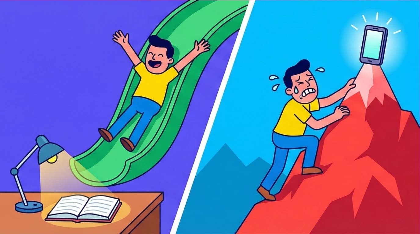 A graphic showing how to manage limbic friction to stop procrastinating by making good habits easy (a slide) and bad habits hard (a mountain).