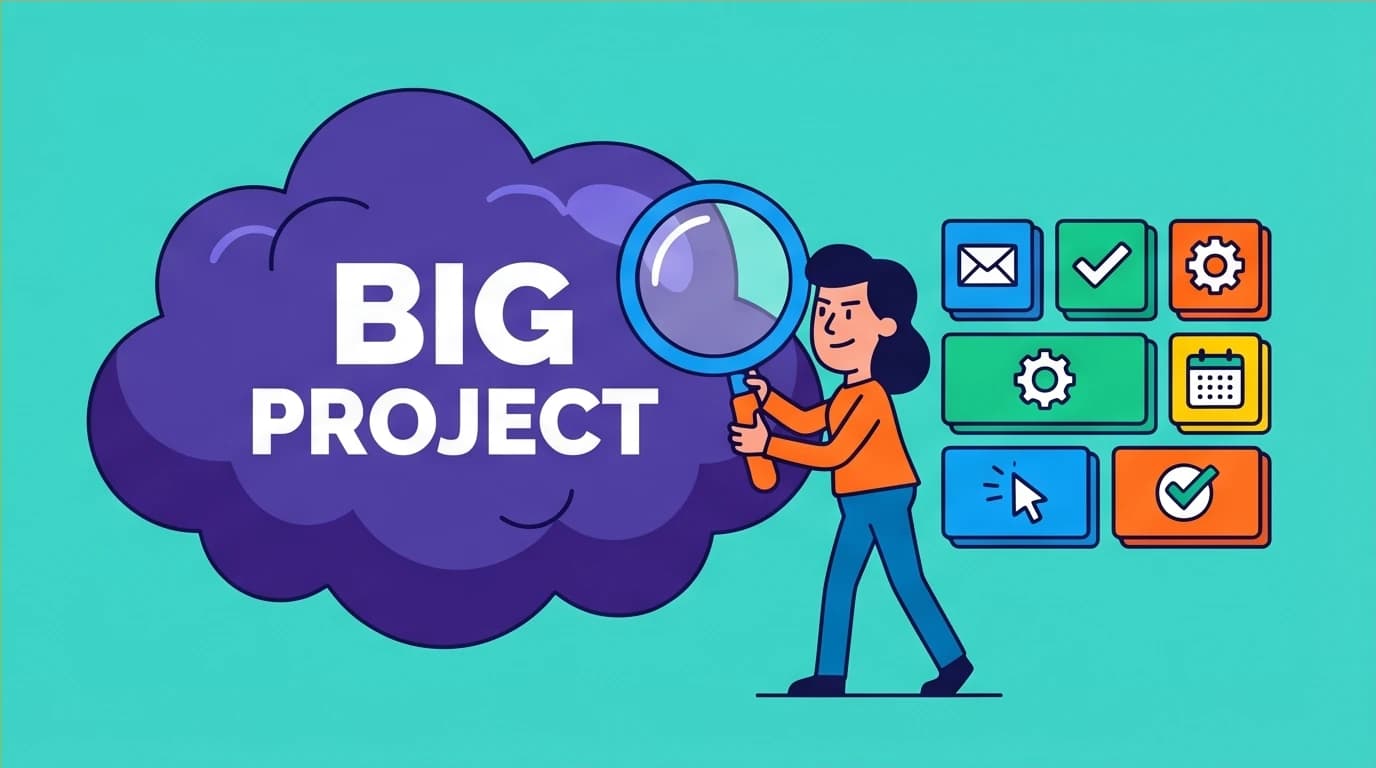 A character breaking a vague project into small, actionable tasks, a long-term strategy to stop procrastinating for good.