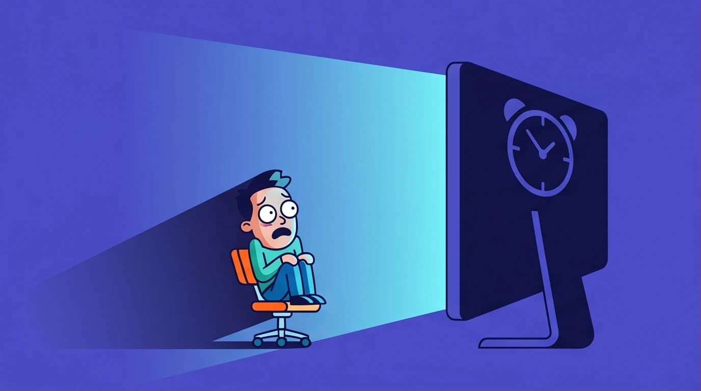 Illustration of a person frozen by a huge, intimidating task on a computer, symbolizing the first step to stop procrastinating.