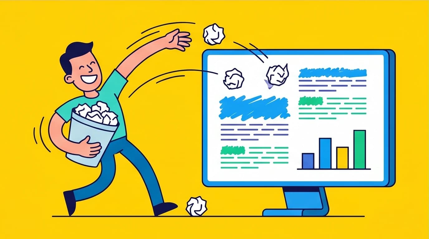 Character creating a messy 'trash draft' to overcome perfectionism, an effective way to stop procrastinating on creative work.