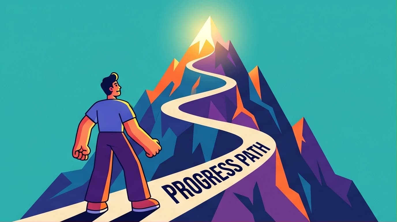 An illustration of a person ready to climb a mountain, representing the journey to stop self sabotage and overcome your inner challenges.