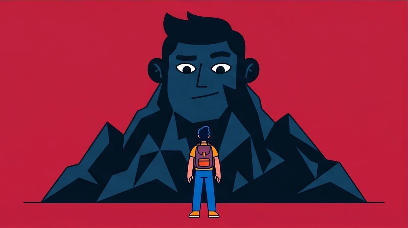 A person confronts a mountain shaped like their own head, a concept from 'The Mountain Is You' on how to stop self sabotage by facing fears.