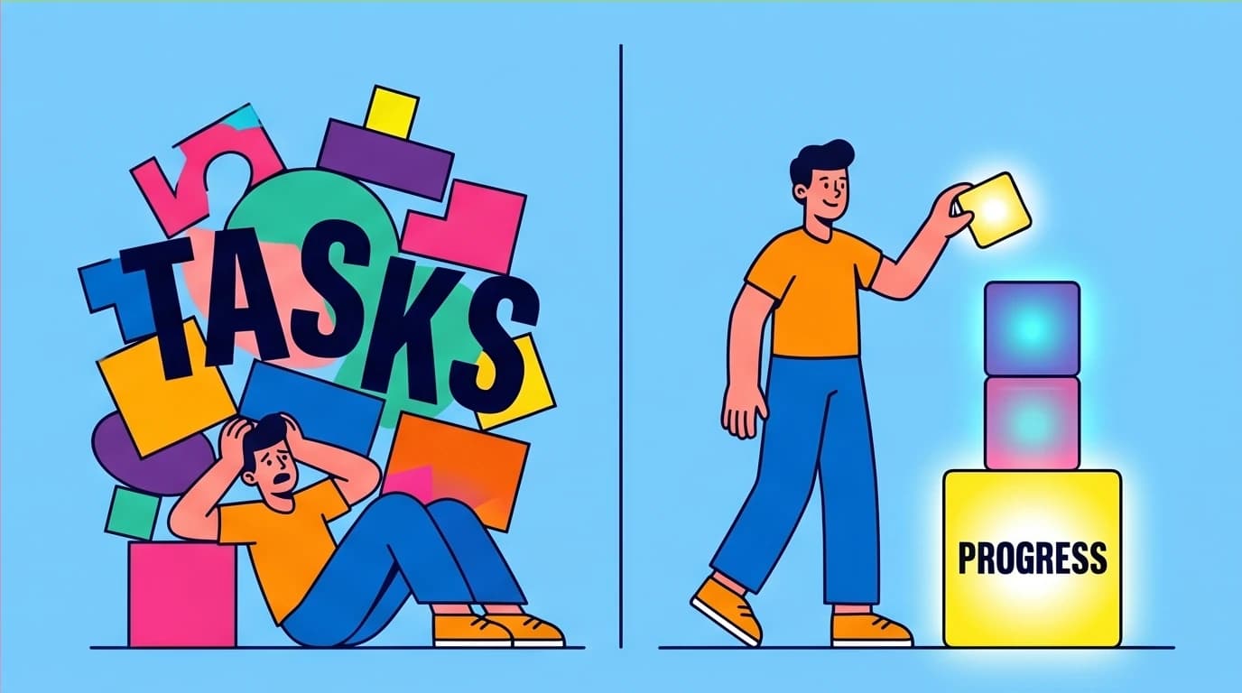 A character demonstrates the micro-shift strategy to stop self sabotage, choosing one small task over an overwhelming pile to rewire behavior.