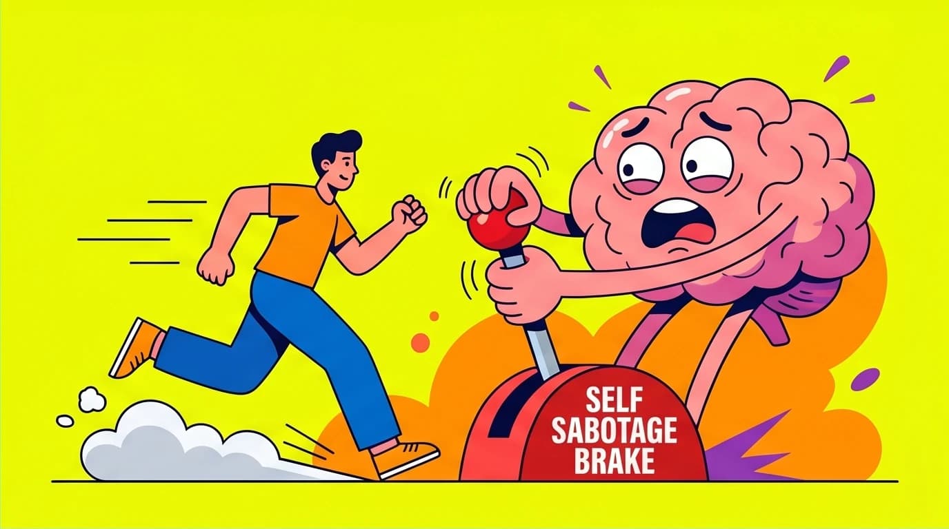 A visual metaphor for subconscious self sabotage where a brain pulls an emergency brake on a person's progress, showing a coping mechanism.
