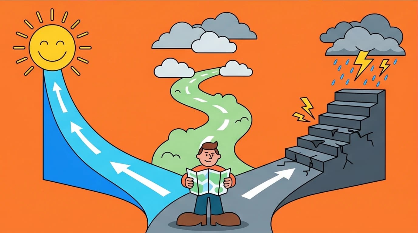 A character analyzing a decision tree with paths for optimal, median, and catastrophic outcomes, a key mental model for problem solving.