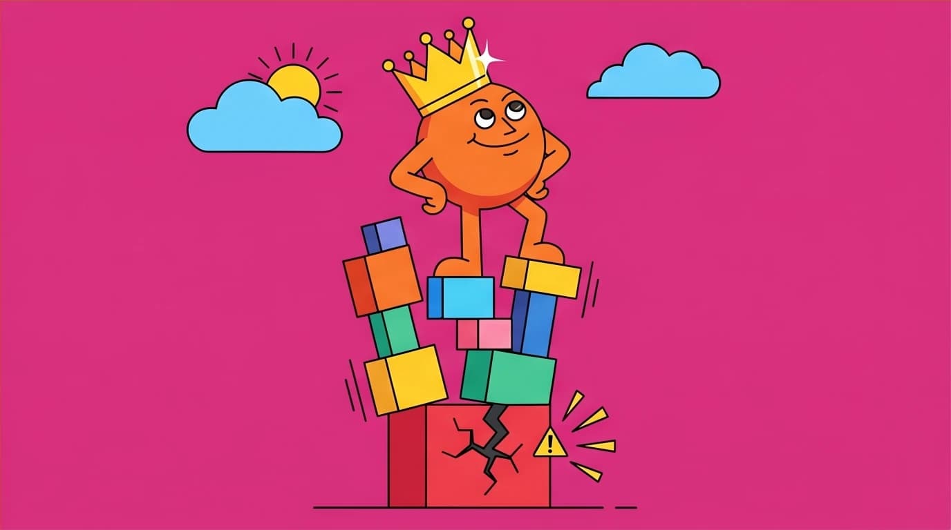 A person with a crown on a collapsing tower, representing the ego trap and god complex that can undermine strategic intellect and lead to failure.