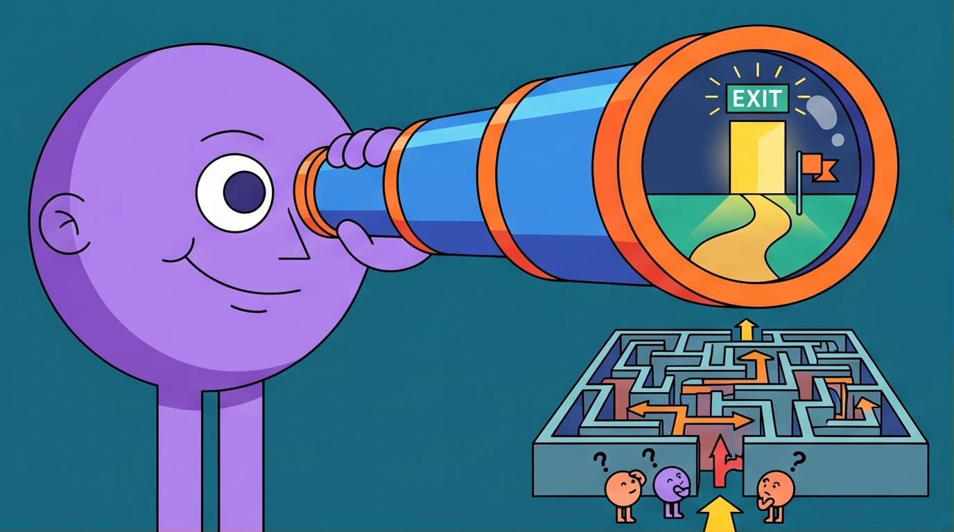 A strategic thinker calmly observing a complex maze through a telescope, illustrating how to think like Light Yagami by anticipating challenges.