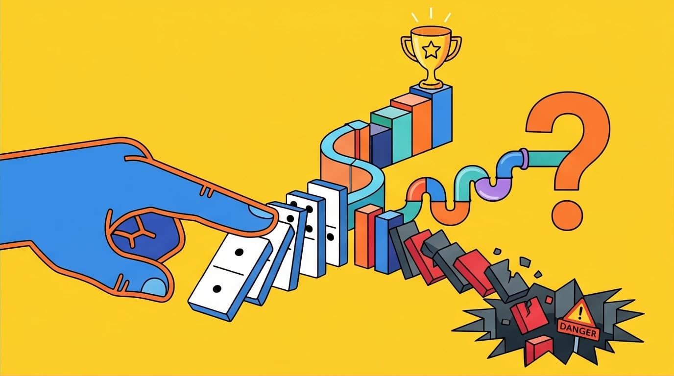 An illustration of a person starting a complex domino chain reaction, symbolizing the strategic thinking skill of calculating multi-order consequences.