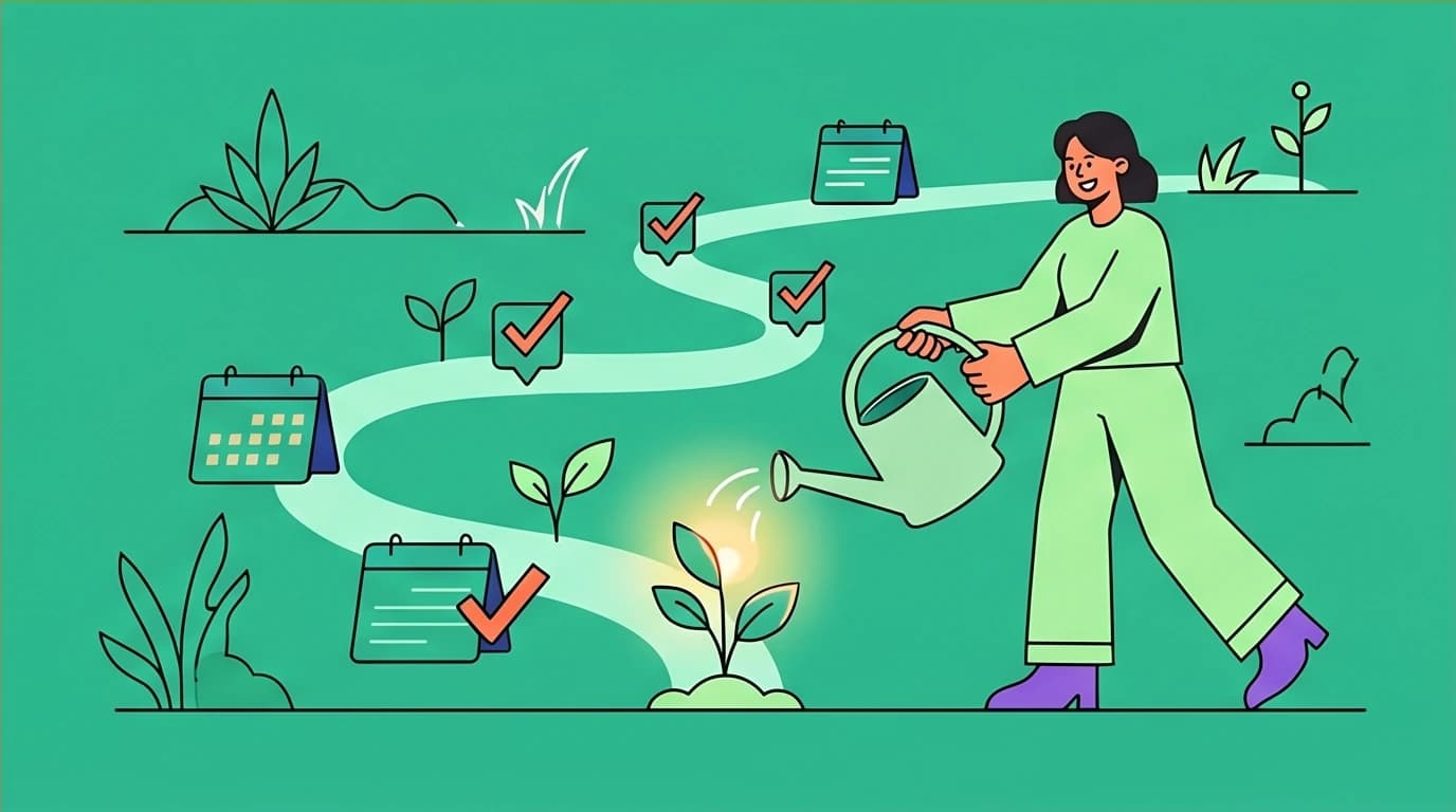 An illustration about the importance of consistent review and habit formation to successfully execute an annual plan and achieve self-growth.