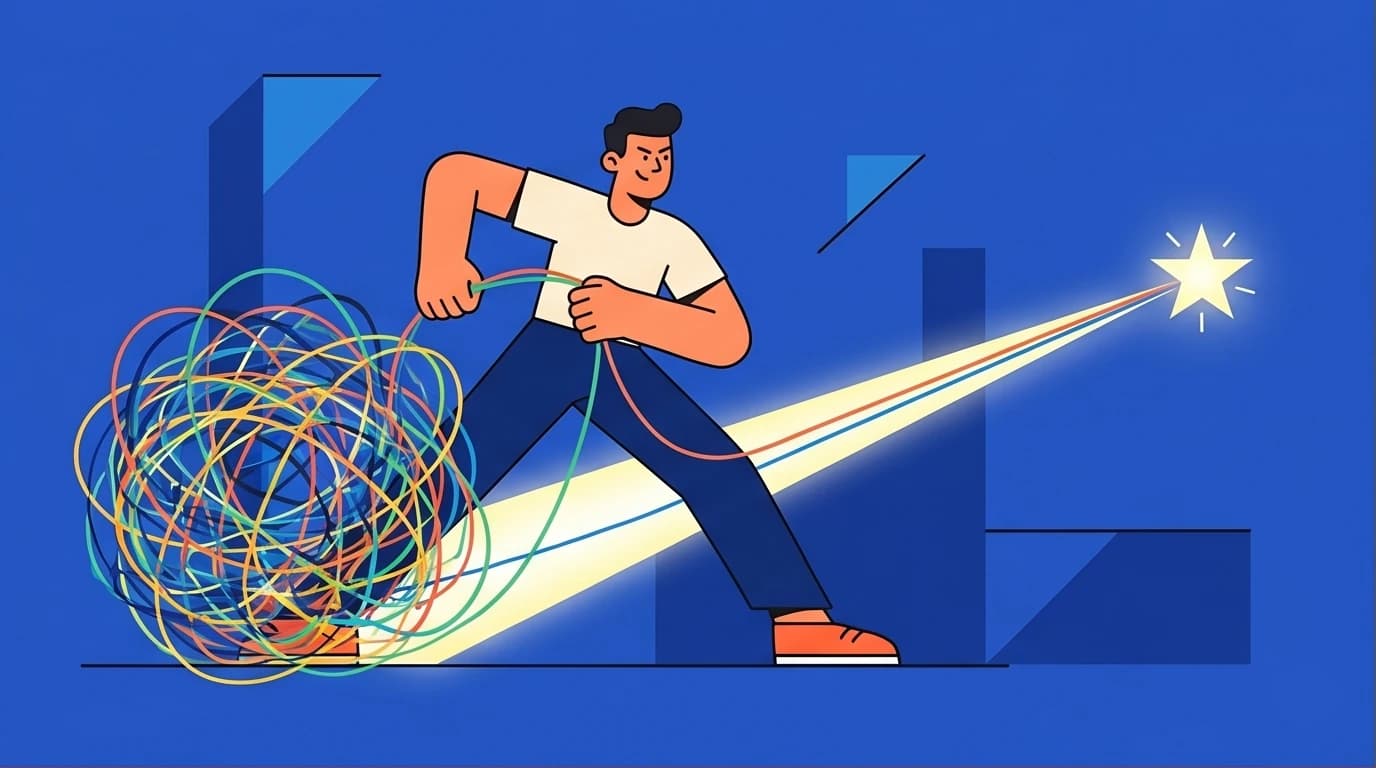 An illustration on effective annual plan creation, showing a person turning chaotic goals into a clear path for successful self-growth and goal setting.