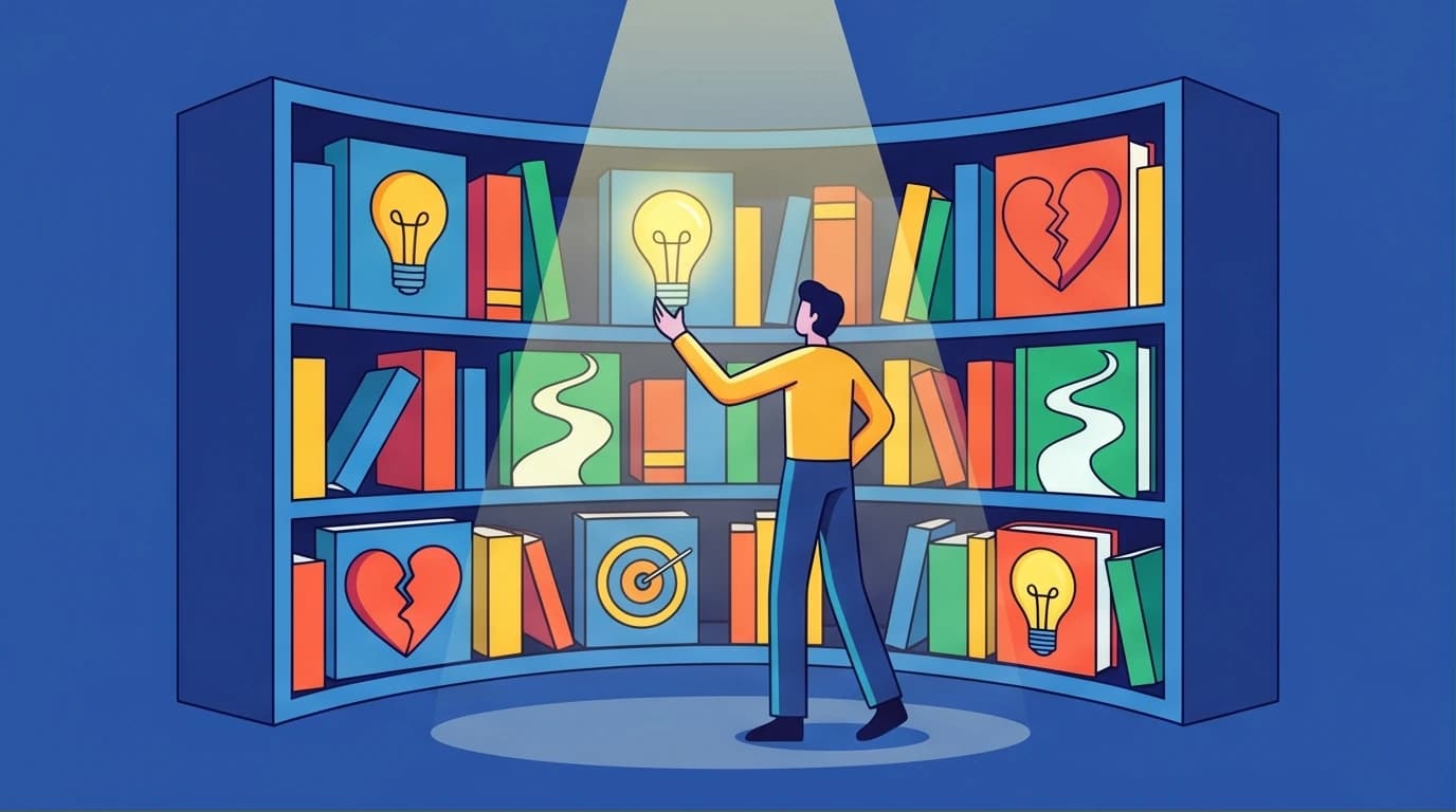 A guide to Huang Shan-Liao's book list, featuring a character choosing an emotional book from a shelf. A resource for the Taiwan bestselling author's new readers.