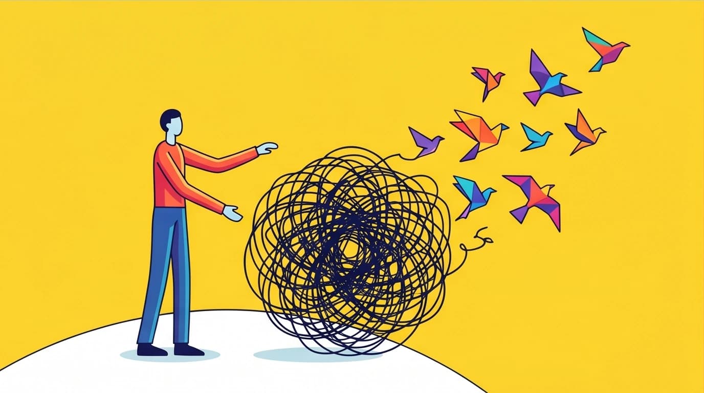 An illustration for healing heartbreak, inspired by Huang Shan-Liao's book list, showing a person releasing a burden that becomes birds.