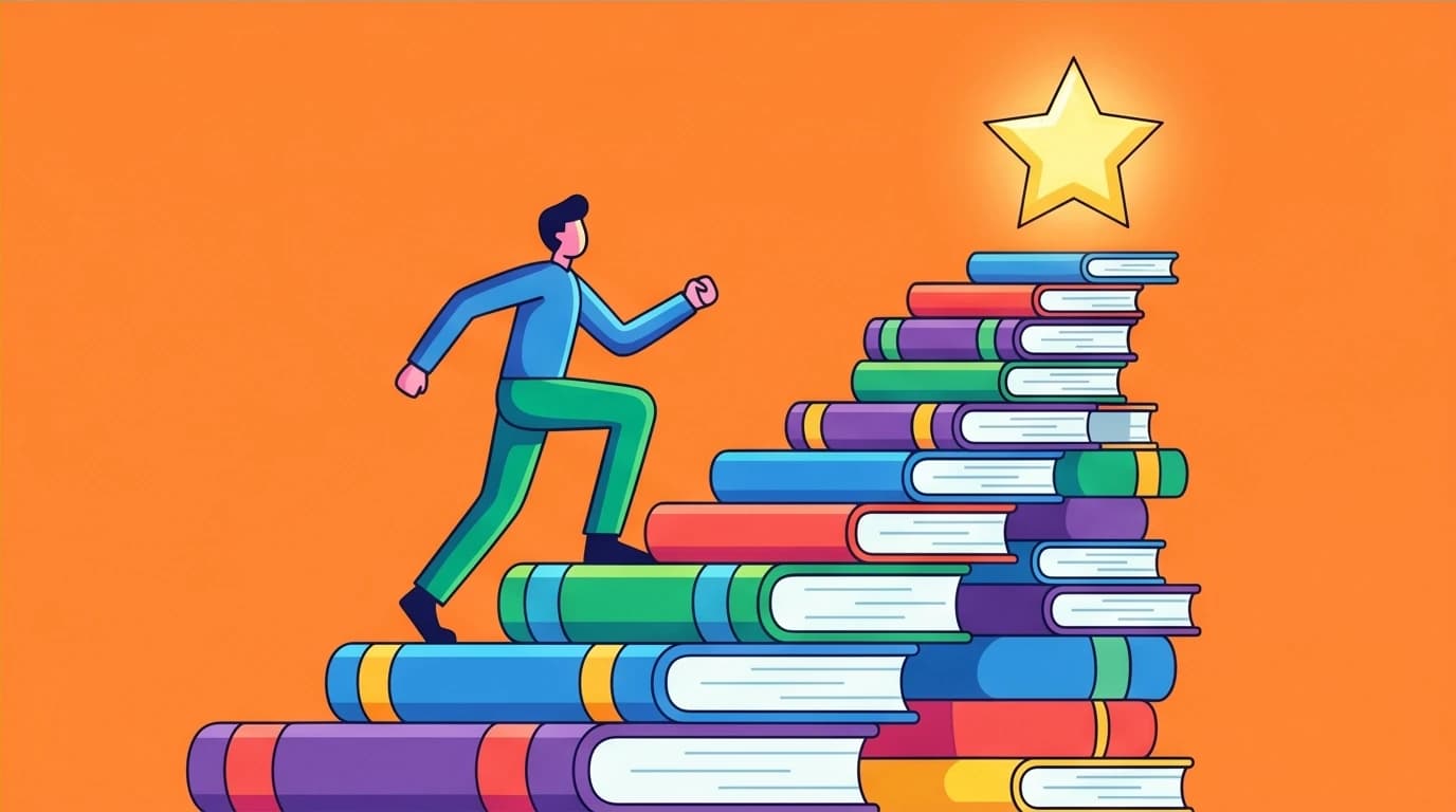 The recommended reading path for Huang Shan-Liao's books, visualized as a character climbing a staircase of books towards a goal of self-growth.