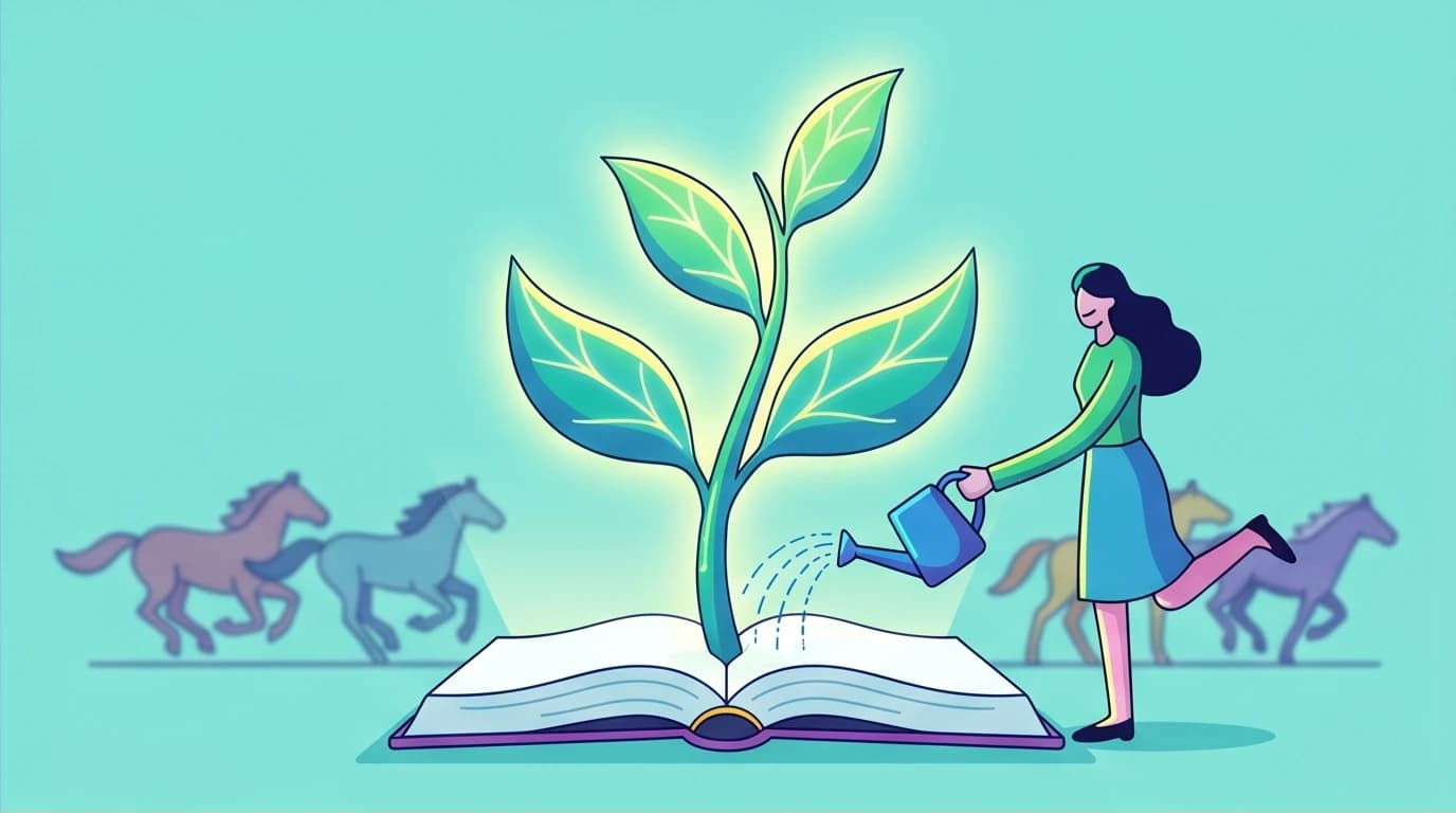 A concept from Huang Shan-Liao's book recommendation for self-care, showing a character watering a plant, symbolizing focusing on personal growth.