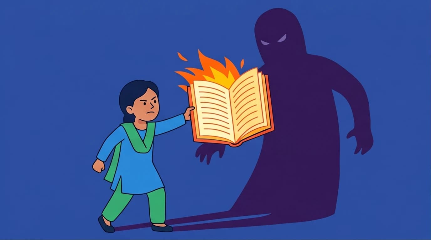 An illustration for the 'I Am Malala' book summary, showing Malala Yousafzai holding a glowing book of education against the shadow of the Taliban.