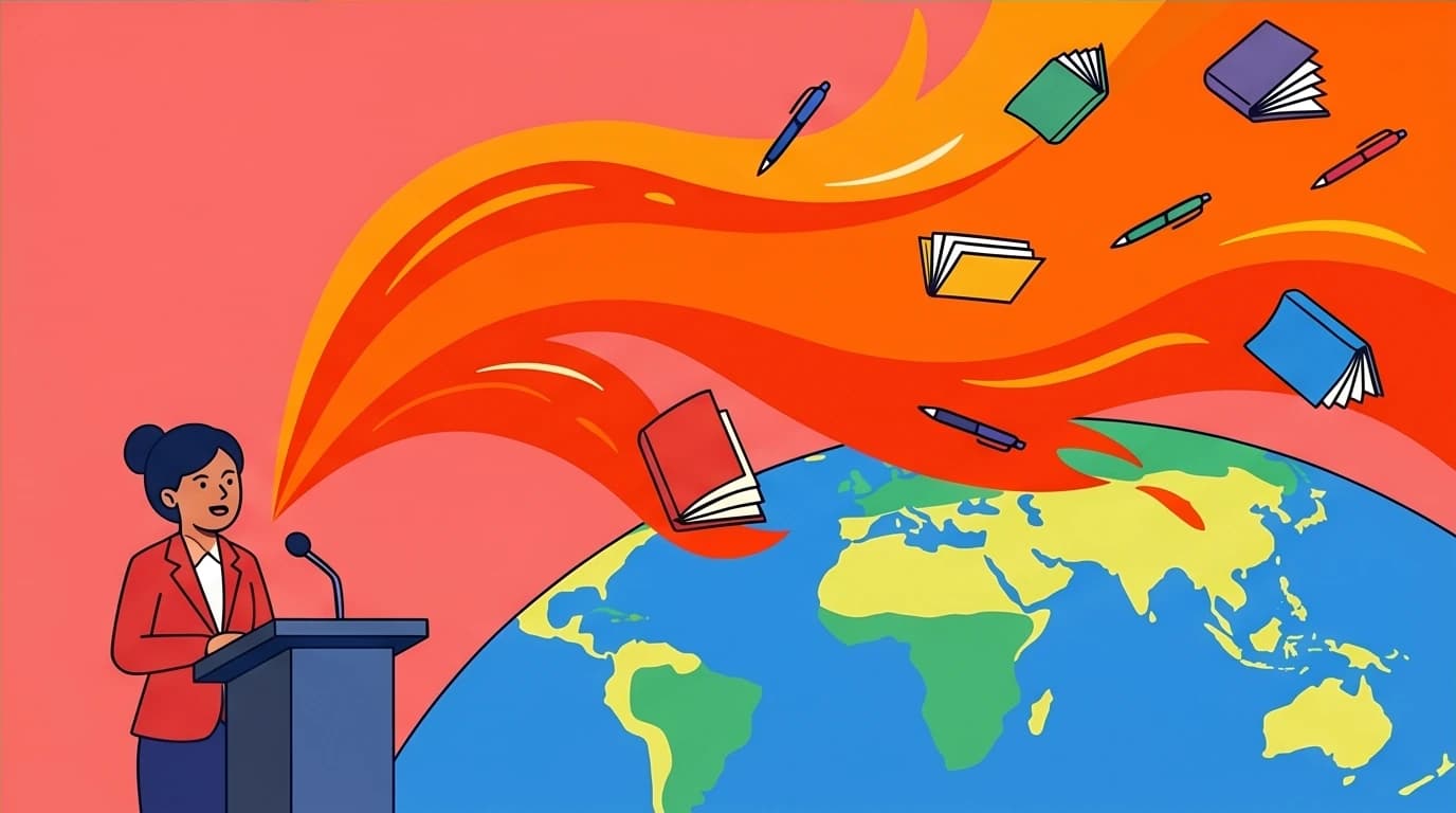 An illustration of the 'power of voice' theme from 'I Am Malala,' where her small voice creates a giant wave of books and pens spreading globally.