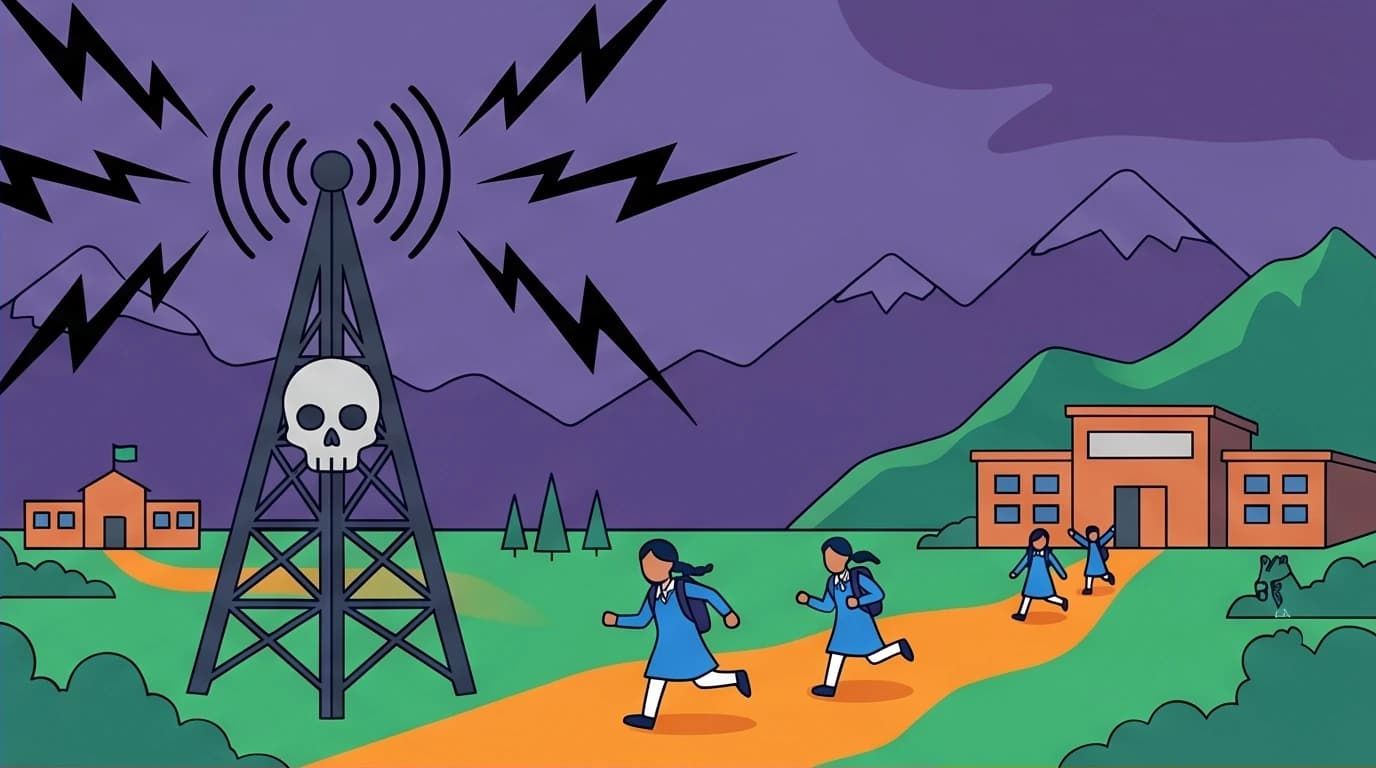 Illustration of the Taliban's oppressive influence in Swat Valley, with a radio tower broadcasting darkness, a key theme in the I Am Malala book summary.