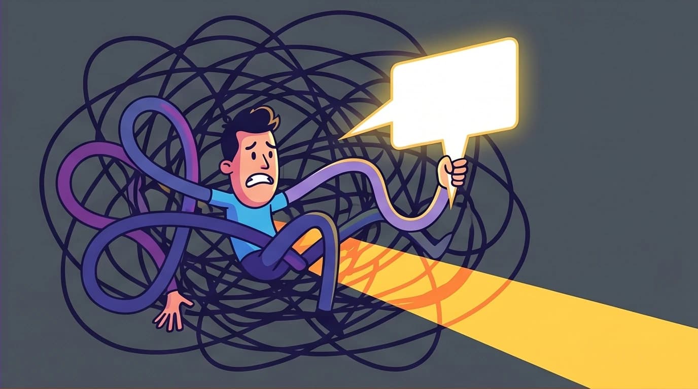 A character uses the book's mantra to cut through a negative emotional loop, a core benefit highlighted in the listening guide for 'I Might Be Wrong'.