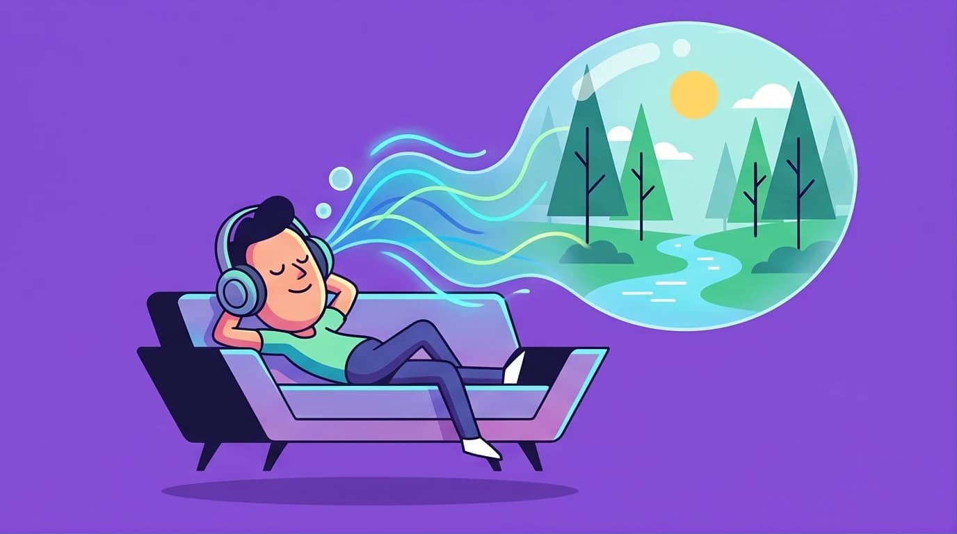 An illustration of a person listening to the 'I Might Be Wrong' audiobook for mental healing, with sound waves creating a peaceful forest.