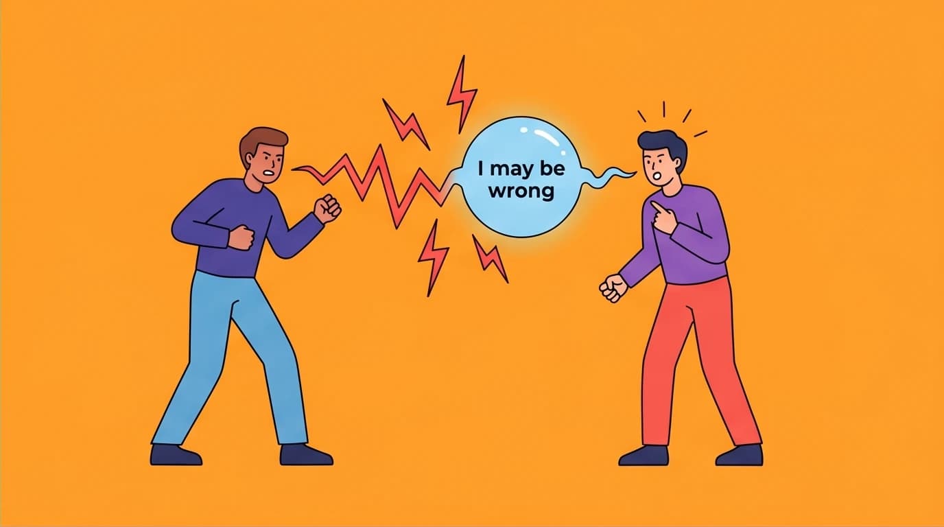 A visual metaphor from 'I May Be Wrong' summary, where self-doubt and saying 'I may be wrong' instantly transforms a tense conflict into peace.
