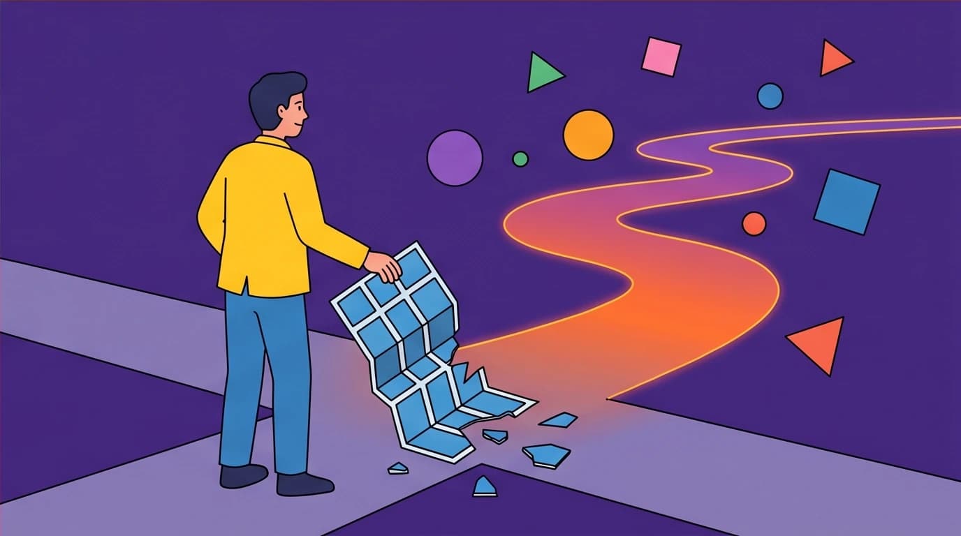 A character choosing an unknown, surprising path over a rigid plan, symbolizing the wisdom of embracing uncertainty from the book 'I May Be Wrong'.