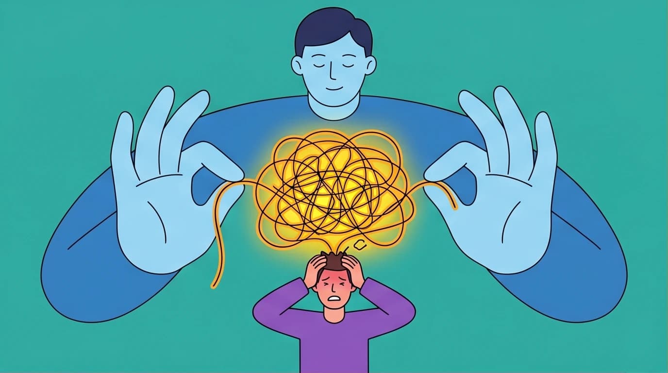 An illustration inspired by the book 'I May Be Wrong', showing a wise figure helping a person untangle anxious thoughts and letting go of anxiety.