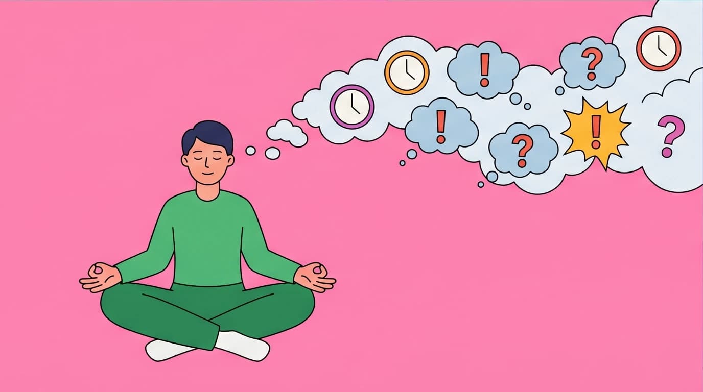An illustration showing a key mindfulness technique from 'I May Be Wrong': observing anxious thoughts as passing clouds to find inner calm.