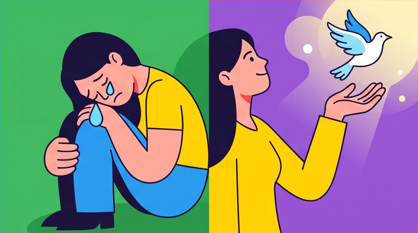 A person split in two, one side crying and the other relieved, illustrating the concept of complex grief after escaping an abusive relationship.